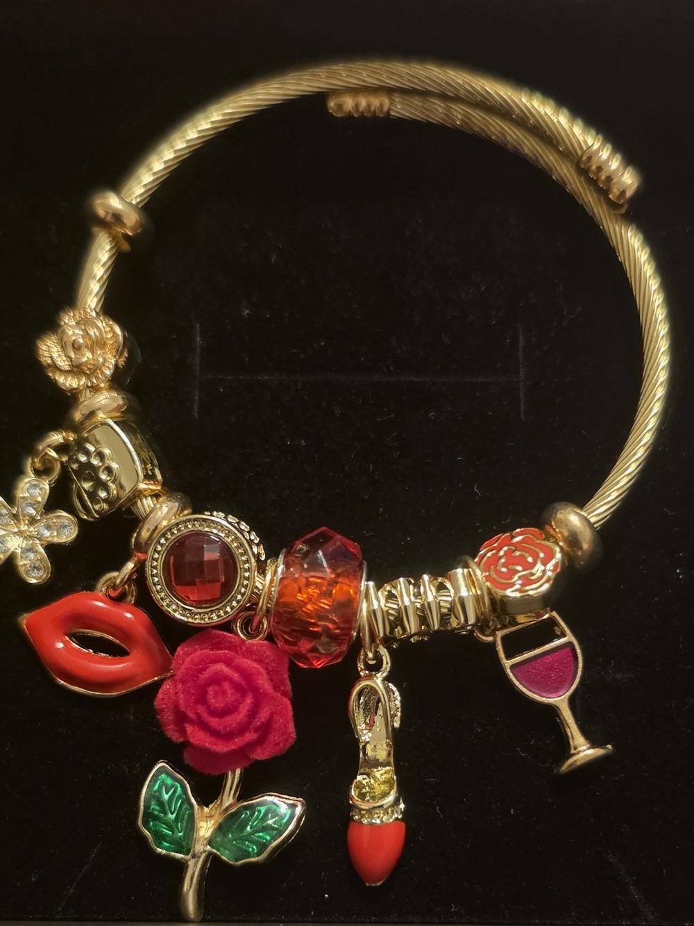 Gold-Tone Red Charm Bangle Bracelet with Rose & Wine Glass Charms